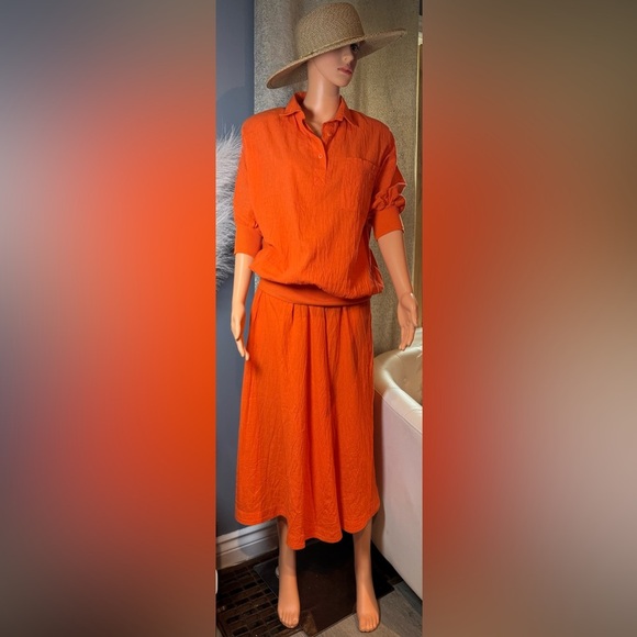 Vibrant Orange Shirt  A-Line Midi Skirt with Pleats - Picture 8 of 11